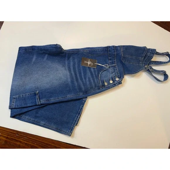 Flamingals Women Medium Wash Denim Wide Leg barrelCarpenter Overalls Blue NWT - Picture 8 of 10